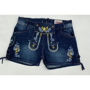 Octoberfest Women Denim Lederhosen Shorts Embroidered Bavarian Style Size 44